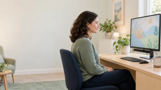 Concept image of a person seated in front of an eye-tracking screen in a calm consultation setting.